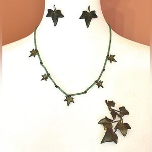 Michael Michaud Botanical Bronze Jewelry Set, Ivy Leaves Necklace, Earrings, Pin